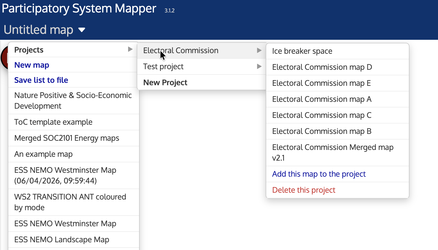 Map list dropdown shown projects